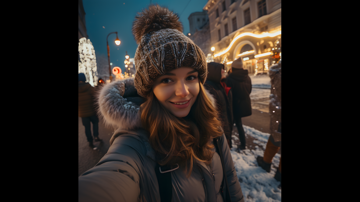 Изображение создано при помощи запроса «Девушка в варежках и шапке, гуляет по новогодней Москве» в Gerwin