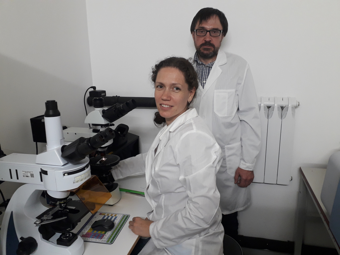 Ольга Филиппова и Андрей Дмитриев проводят стратиграфические исследования образцов живописи в лаборатории