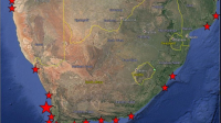Первые точки пробоотбора (желтый цвет) в южноафриканской акватории